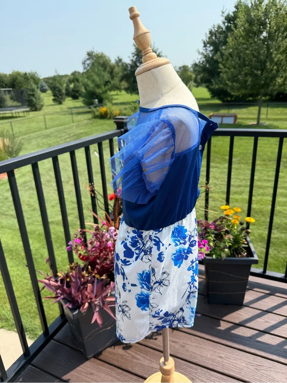 Girls Blue Floral Romper Size 9Y Sheer Ruffle Sleeve Summer Outfit